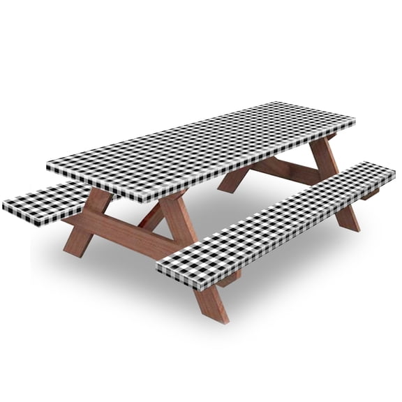 KENOBE 8.5FT Picnic Table and Bench Cover, 102" Waterproof Windproof Fitted Outdoor Tablecloth, Black‑White Checkered