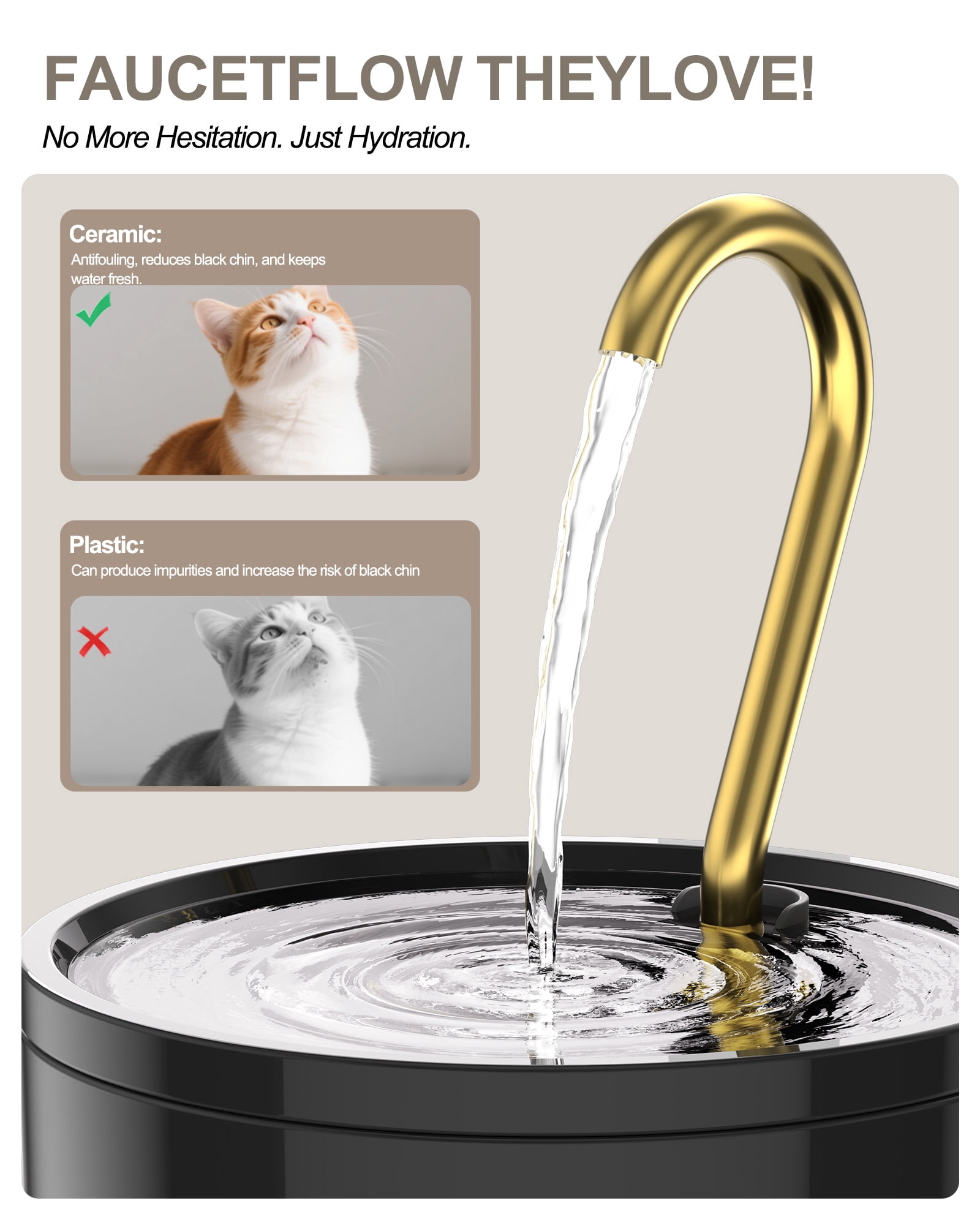 FURCLAN Ceramic Cat Water Fountain - Ultra-Quiet 1.2L/41oz Automatic Pet Fountain with Pure Copper Spout, BPA-Free Non-Toxic Ceramic Bowl for Cats & Puppy ,Black
