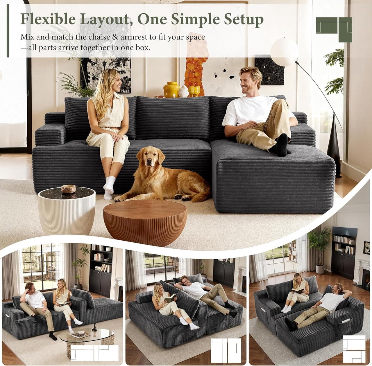 L-Shaped Cloud Sectional Sofa with Deep Seat, Modular Sofa Couch with Chaise for Living Room Apartment, No Assembly Required, Right Facing