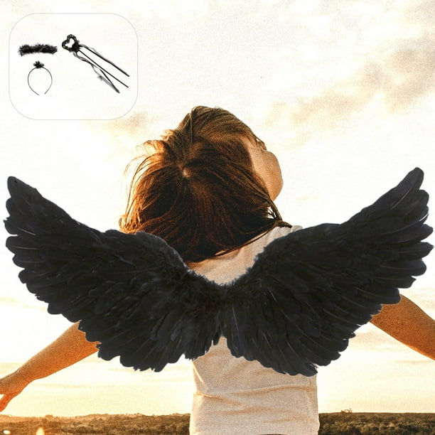 Hermosas alas de plumas de ángel Accesorios de disfraces de cosplay Decoración con diadema Ala de hada de bastón para fiesta de Halloween Niñas 60cmx35cm Macarena Disfraz de ala de ángel