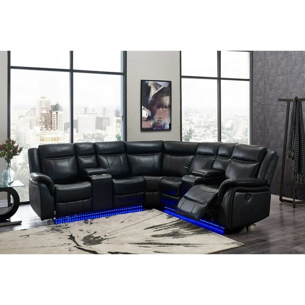 Power Reclining Sectional Sofa In Black, High Quality Leather Reclining Sectionals