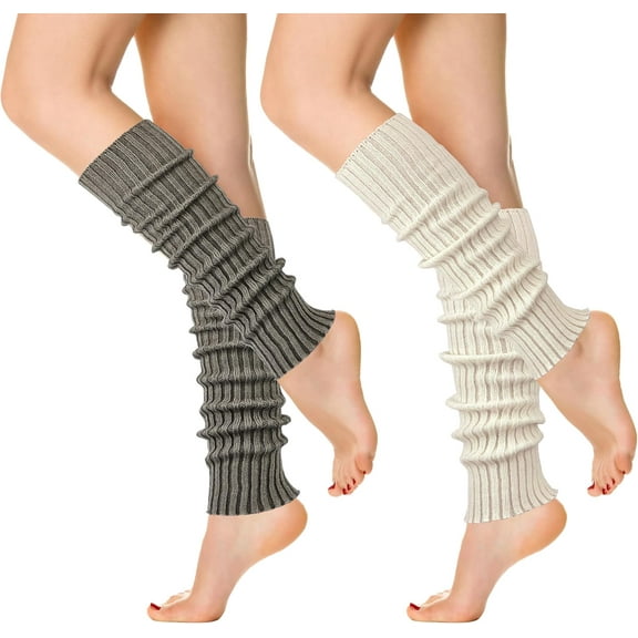 Zhengup 2 Pairs Womens Leg Warmers Thick Fashion 80s Ribbed Knitted Cotton Leg Warmers Socks for Women Winter Socks Grey Khaki