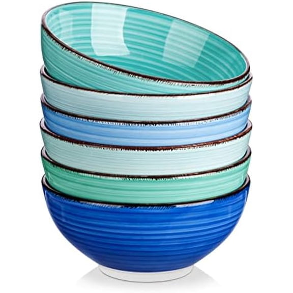 Bonita 27 Oz Cereal Bowls Set of 6, Blue Ceramic Bowls for Kitchen, 6 Inch Soup Bowls, Dishwasher & Microwave Safe