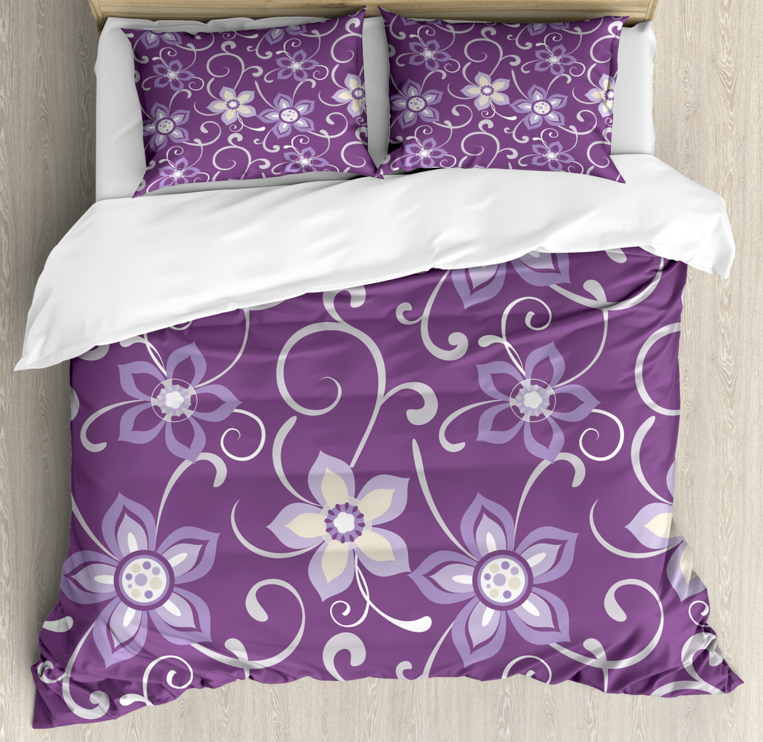 Eggplant Queen Size Duvet Cover Set, Beautiful Lilacs with Leaves