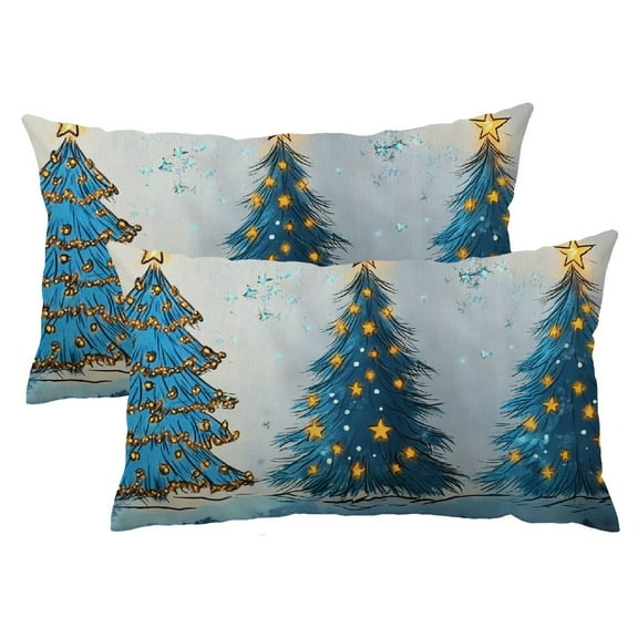 Qinduosi Blue Christmas Tree Throw Pillow Covers 12X20 In Set of 2 Xmas Tree Lights Stars Decorative Rectangle Pillow Cases Winter Holiday Pillow Cover Farmhouse Home Decor For Room Sofa