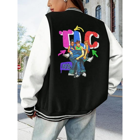 Women's Big Size Retro TLC Baseball Jacket Hoodie Bomber Jacket 90s Hip Hop Vintage Music