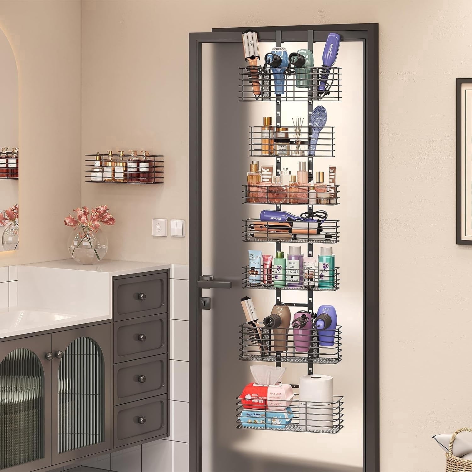 X-COSRACK 7-Tier Over The Door Organizer with Hair Tool Holder, Heavy Duty Metal Bathroom Storage Rack, Adjustable Hanging Wall Mount Shower Caddy for Closet, Pantry and Bedroom