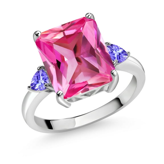 Gem Stone King 6.94 Ct Octagon Pink Created Sapphire Blue Tanzanite 925 Sterling Silver 3-Stone Women Engagement Ring (Size 5)