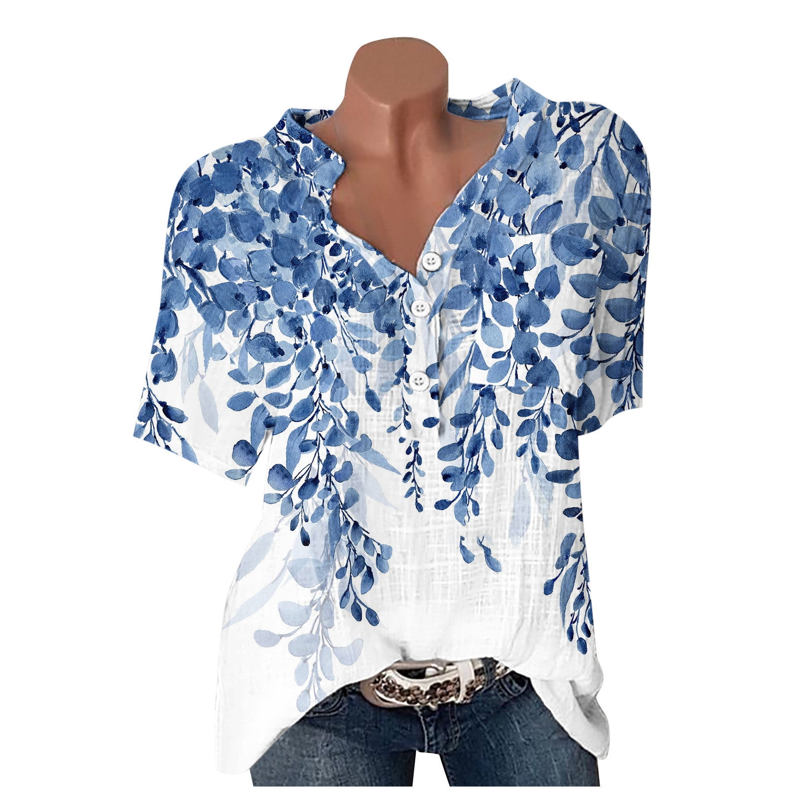JURANMO Women's Cotton Linen V Neck Button Shirts Casual Short Sleeve ...