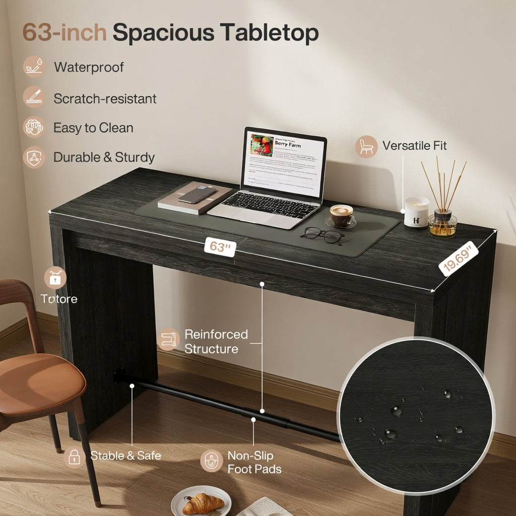 Hommoo 63 Inch Rectangular Counter Height Bar Table with Metal Footrest, Modern Pub Table for Kitchen, Home Bar & Cafe, Black