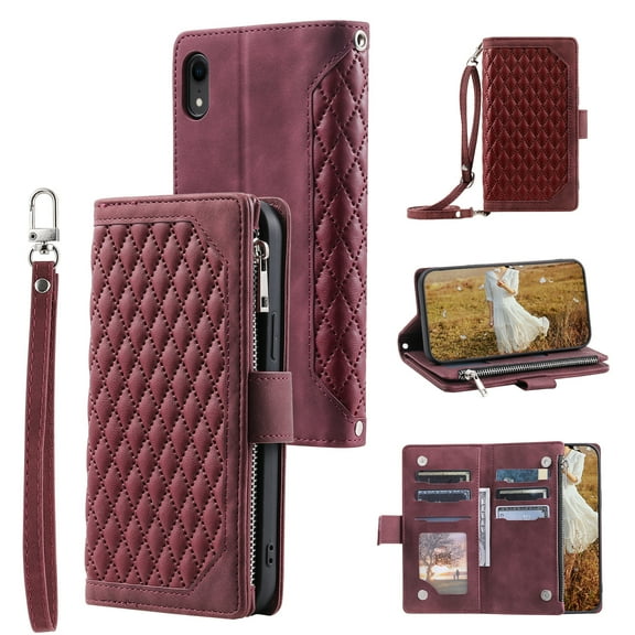 Feishell Crossbody Wallet Case for Apple iPhone XR,Luxury PU Leather Magnetic Buckle Zipper Pocket Card Slots Shockproof Flip Stand Phone Cover with Hand Strap & Shoulder Strap,Winered