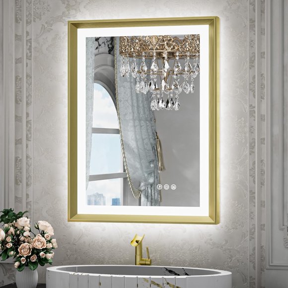 TETOTE LED Bathroom Mirror with Lights Gold Metal Framed 20x28 Frontlit & Backlit Vanity Mirror Baroque Antifog Stepless Dimmable White/Warm/Natural,Wall Mounted(Horizontal/Vertical)