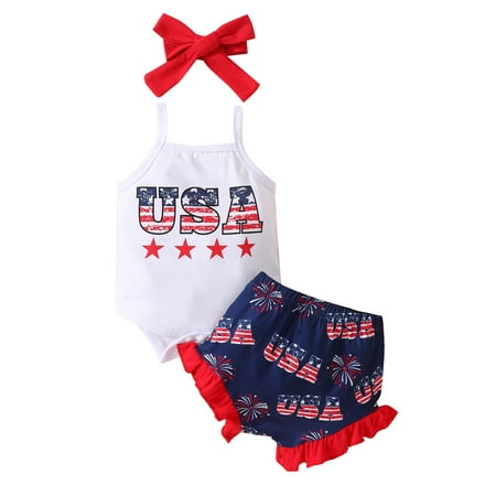 

wybzd 4th of July Baby Girl Clothes USA Sleeveless Spaghetti Strap Romper Ruffle Shorts with Headband
