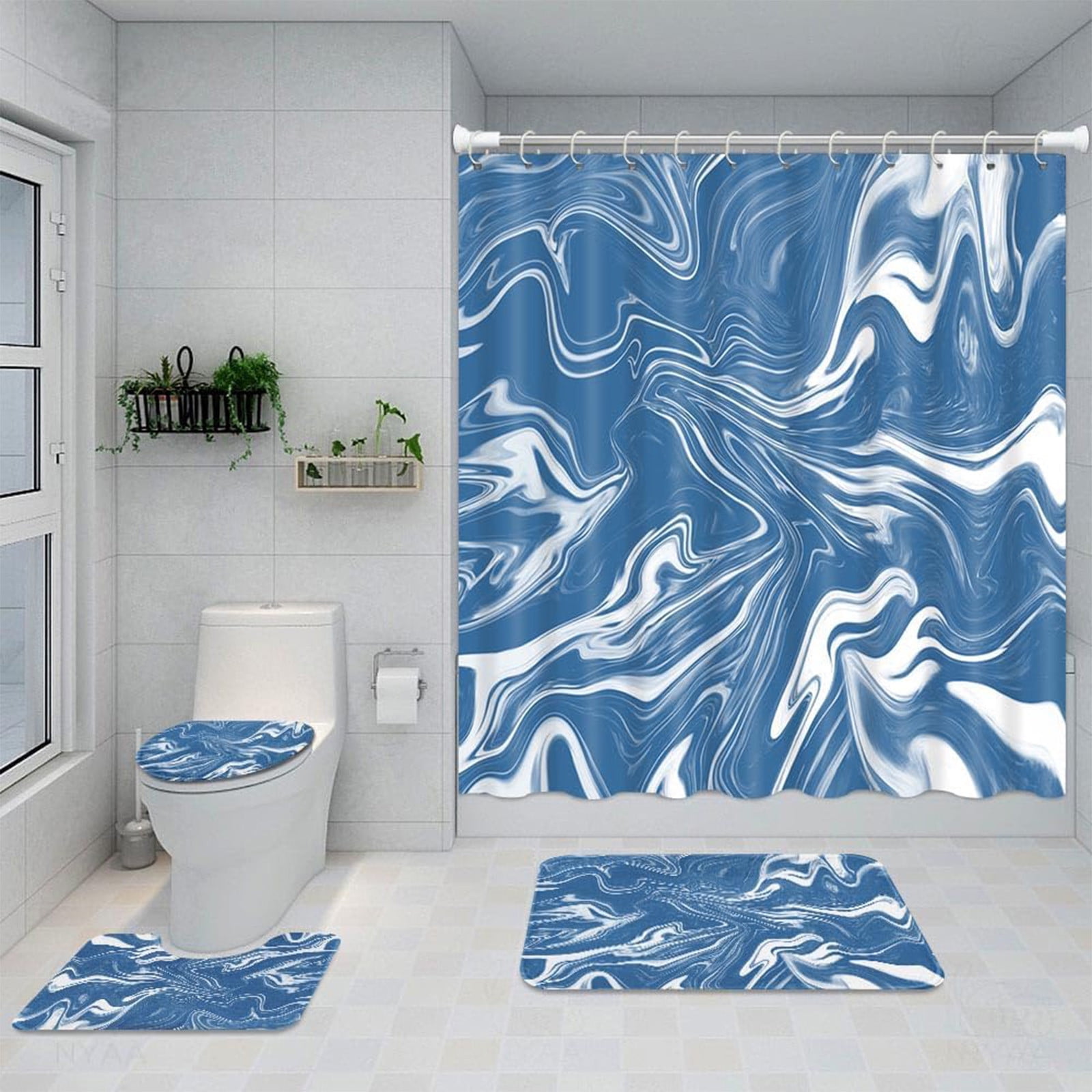 70x70 Inches Bathroom Decor 4 Pcs Shower Curtain Set With Rugs ColorfulMarbles Bathroom Set With AntiSlip Rug Toilet Lid Cover Bath Mat And 12 Hooks