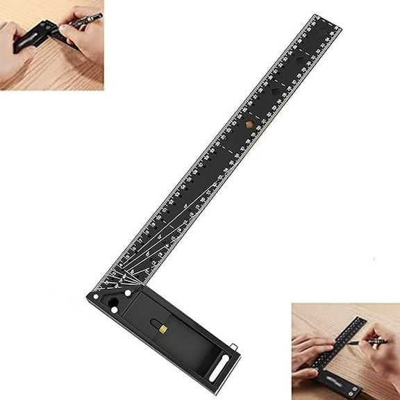 16" Woodworking Square Ruler, Multi-Angle Measuring, Universal Combination Angle L Square, Black, Aluminum Alloy & Steel Construction