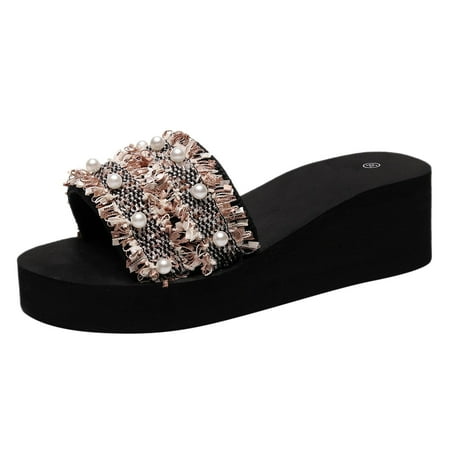 

LIANGP Ladies Slippers Ladies Shoes Wedge Platform Slippers Fashion Pearl Slippers Outdoor Beach Slippers Women s Shoes Black Size 6.5