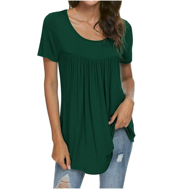 Lindbes Liquidation d'Économies d'Été Hauts d'Été Grande Taille pour Femmes Col Rond Manches Courtes Tunique Décontractée Cache-Ventre Chandail Fluide Plissé T-Shirt Blouse Hauts pour Leggings