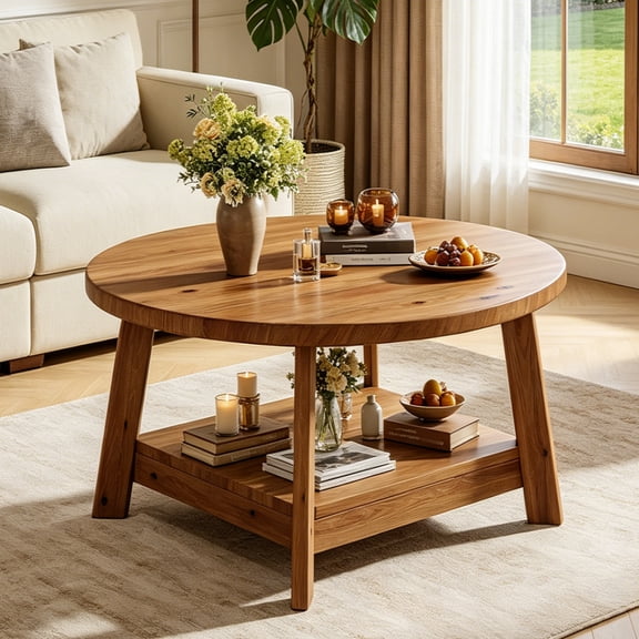 Fnova 31.5 Inch Solid Wood 2-Tier Round Coffee Table with Storage Shelf, Farmhouse Center Table, Accent Cocktail Table for Living Room, Home Office, Brown