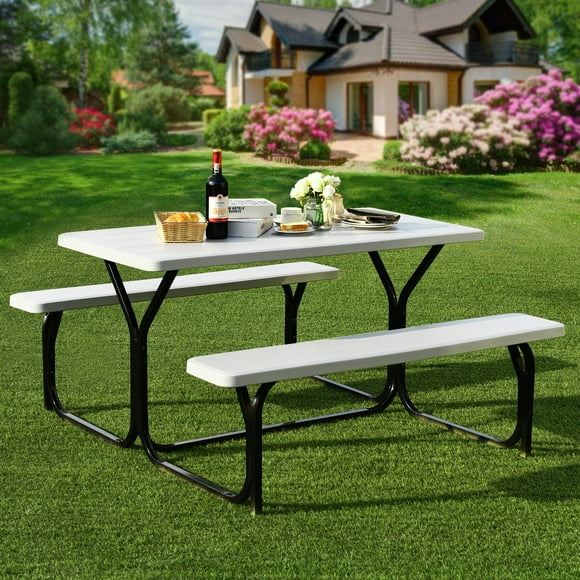 Costway Mesa de Picnic Banco para Exteriores, Patio, Jardín, Fiesta, Comedor, Todo Tipo de Clima, Color Blanco