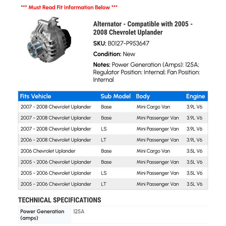 Alternator Compatible with 2005 2008 Chevy Uplander 2006 2007