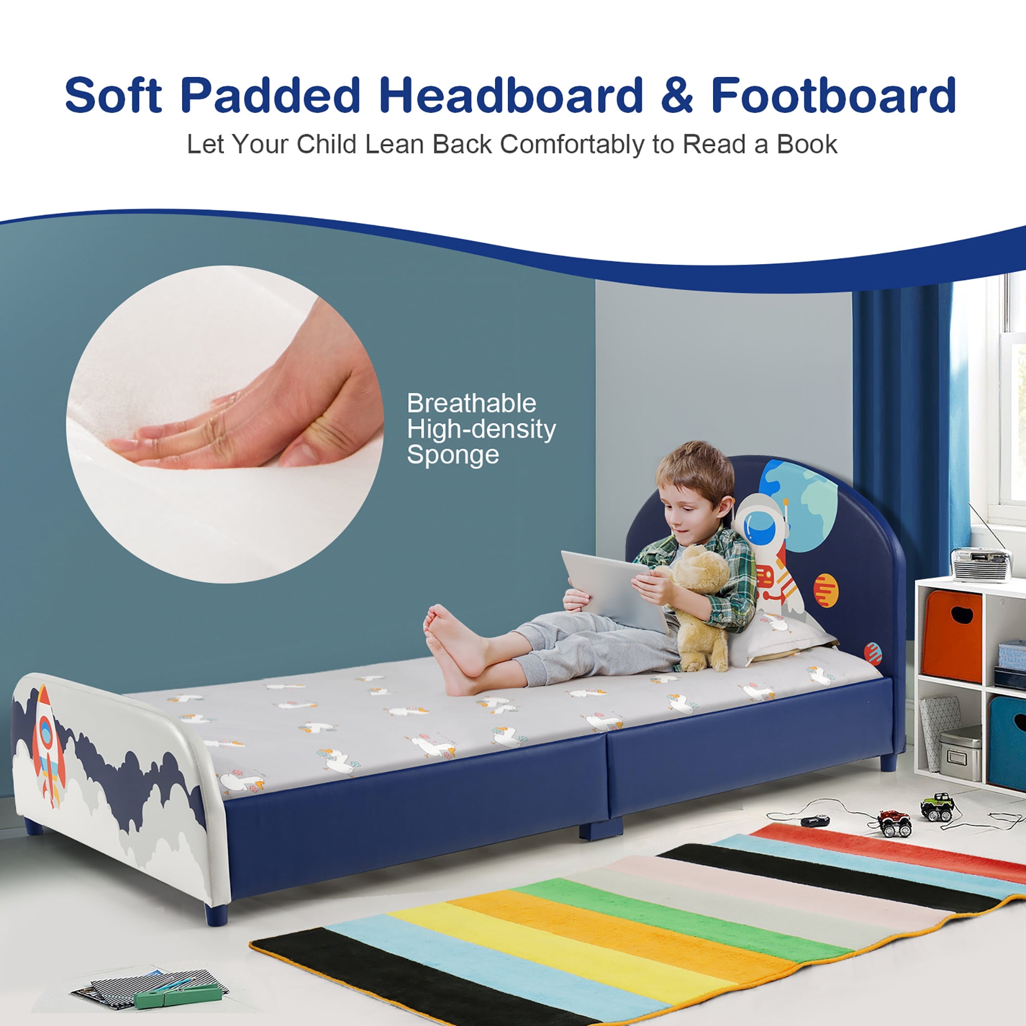 Costway Kids Upholstered Platform Bed Children Twin Size Wooden Bed Astronaut Pattern