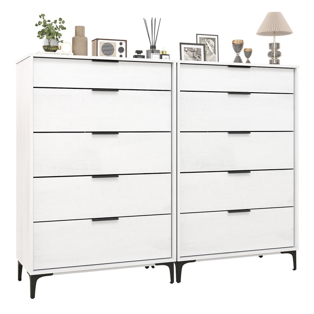 Gymax Commode Autoportante à 5 Tiroirs, 2 Pcs, avec Pattes en Métal Robustes, Système d'Enclenchement, Blanc