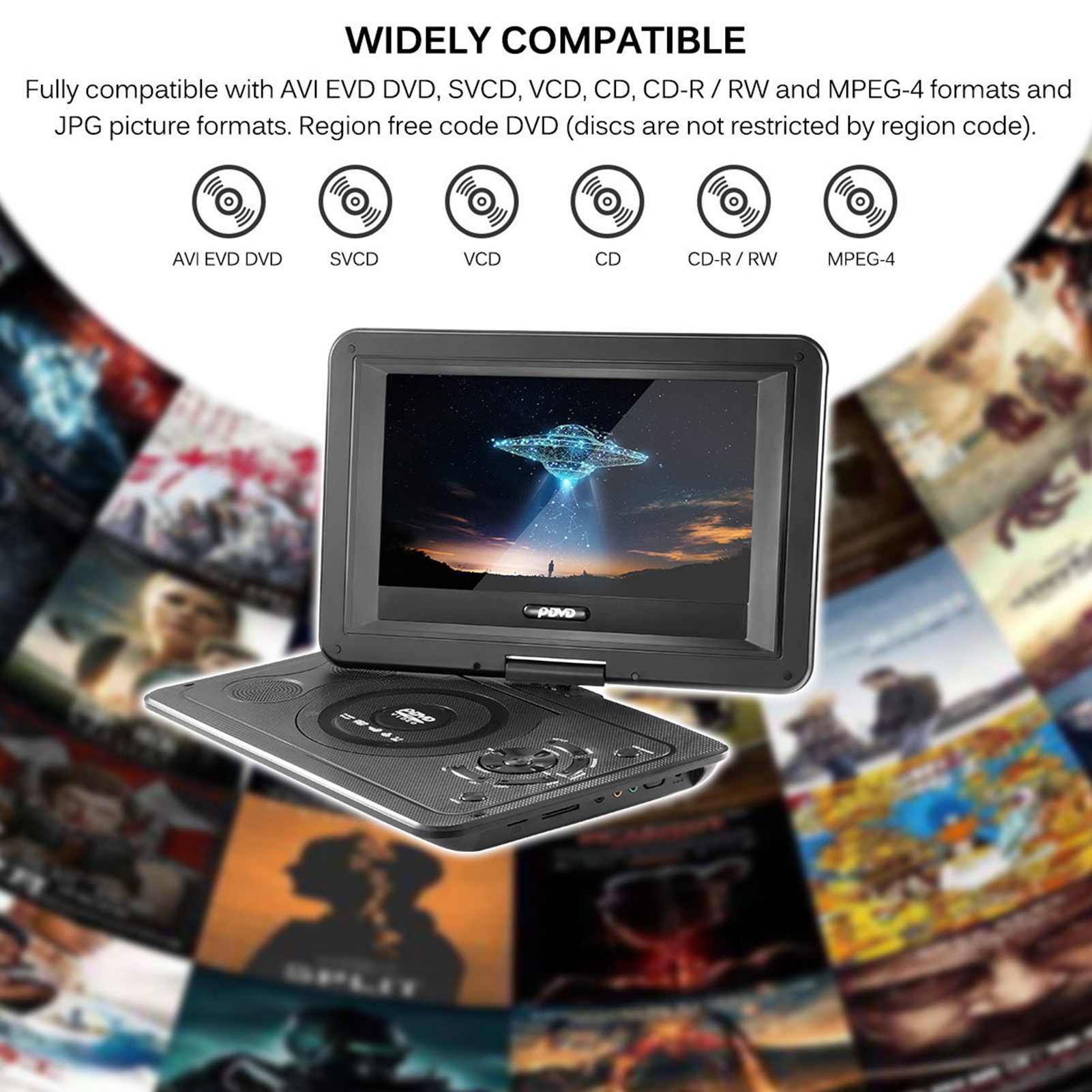 Chicmine 13.9 Inches Portable DVD Player Region-free USB Port 270 Degree Rotation Swivel Screen EVD Player for Home - image 5 of 15