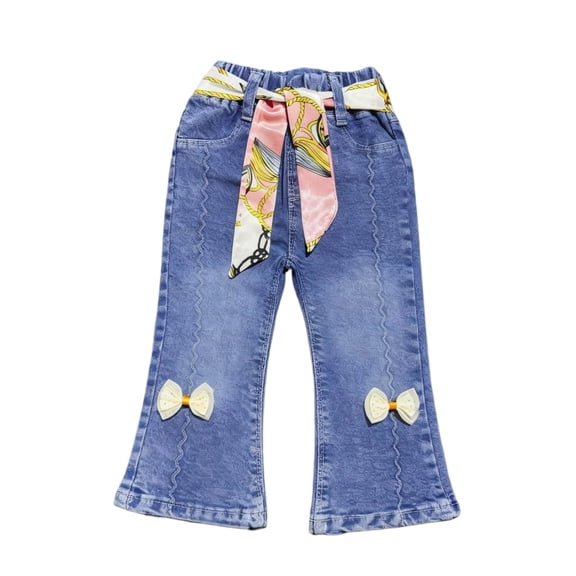 SERTG Girls Straight Wide Leg Jeans Loose Fit Bow Tie Belt Elastic Waist Kids Spring Summer Casual Long Pants Everyday Trousers(Blue#4,3-4 Years)