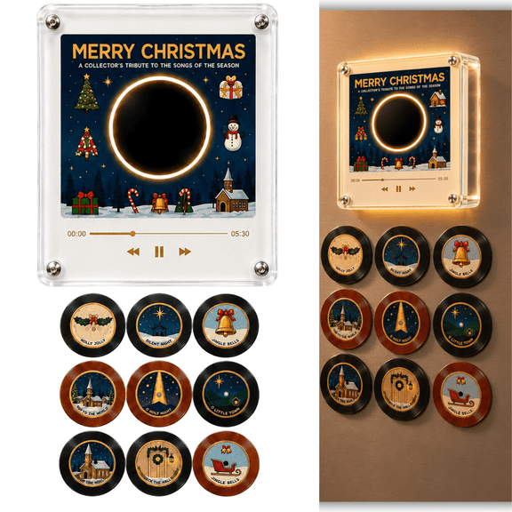 Christmas Vinyl Player Fridge Record NFC Magnetic Music Box Set,Plug‑and‑Play Music Player Kit with 9PCS NFC Records,Warm LED Light,Christmas Decorations for Indoor Home Use