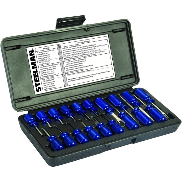 Steelman 19-Piece Master Terminal Tool Kit for Auto Techs, Removes Terminal Block Wires Without Damage, Includes: Tube, Flat, Fork Blade, Single Pin, Sheathing Ripper, & Others