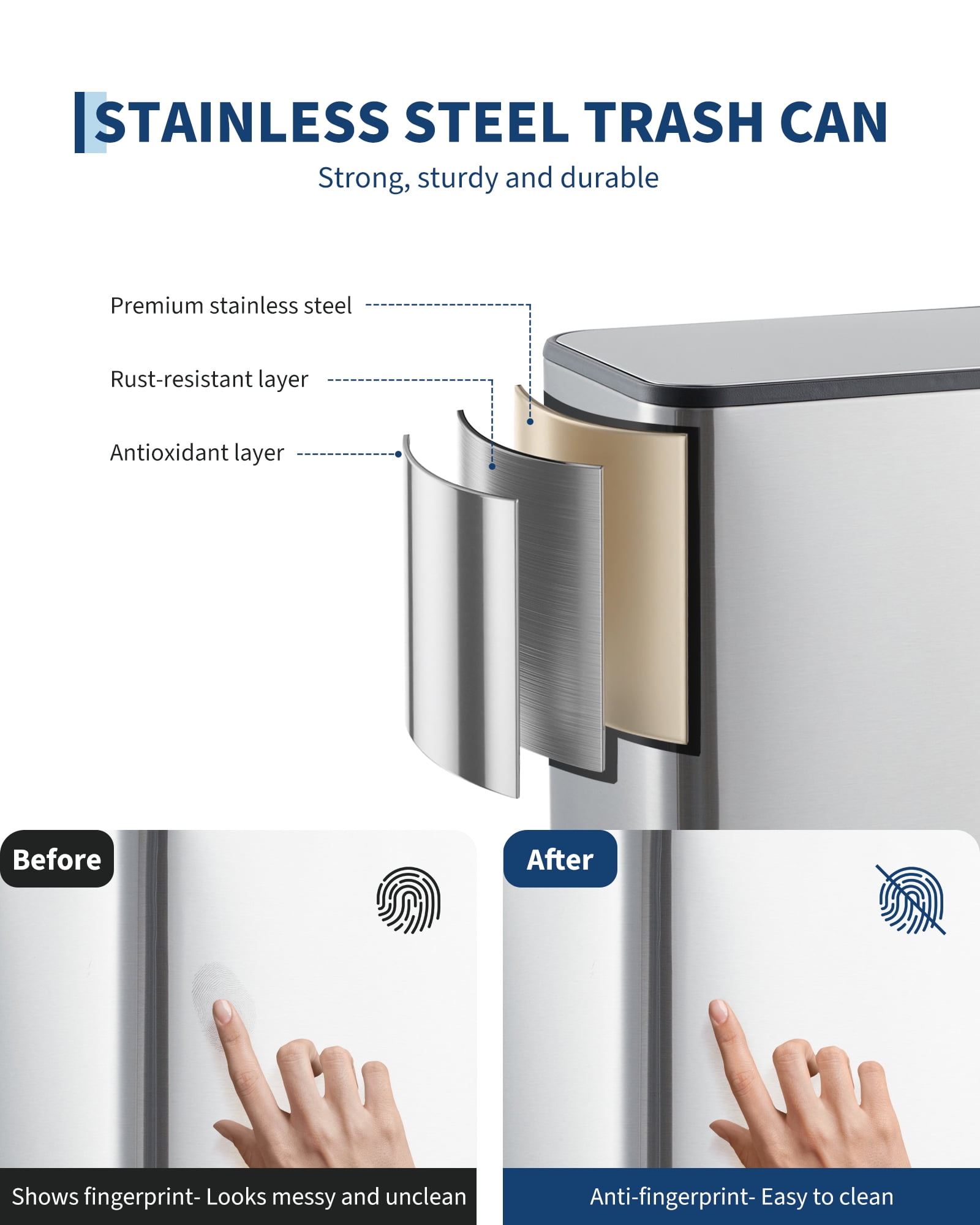 Space-Saving Bathroom Trash Can, 3.4 Gallon Small Trash Can with Soft-Close Lid, Foot Pedal & Removable Inner Bucket, Rectangular Stainless Steel Garbage Can for Home, Office, Silver