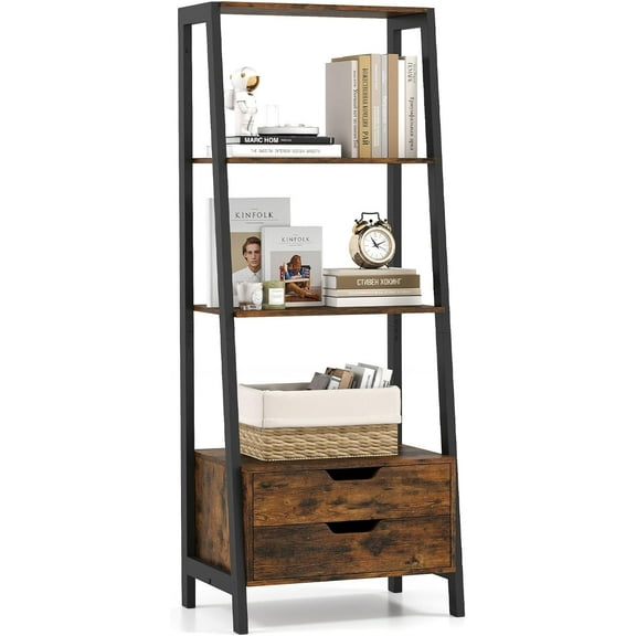 Hyxoo 4-Tier Ladder Shelf with 2 Drawers, 52.5" Tall Freestanding Bookcase with Sturdy Metal Frame, Shelving Unit Display Rack with Storage for Bedroom, Living Room, Home Office (1,Rustic Brown)