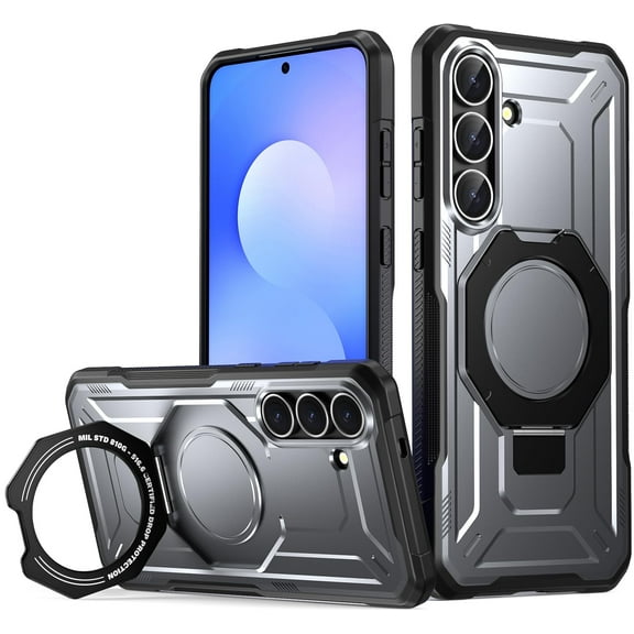 Poetic Spartan Case with Ring Stand for Galaxy S25 FE, Camera Control Button | 2 Tempered Glass Screen Protector for Galaxy S25 FE Cover, Metallic Gun Metal
