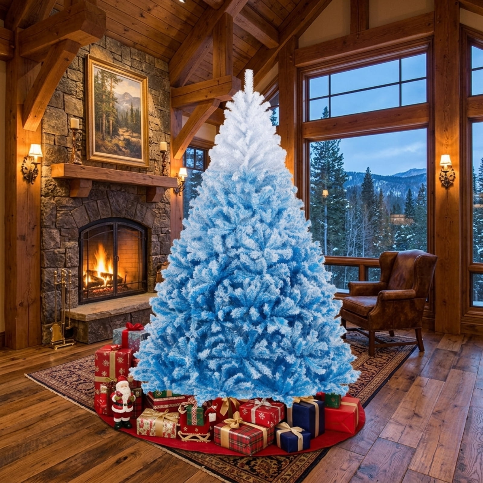 RUIE 7FT Snow Flocked Artificial Christmas Tree, White & Blue Gradient Hinged Xmas Tree with 1264 Branch Tips and Folding Metal Stand for Holiday