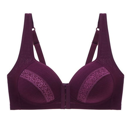 

CLZOUD Comfort Bra Purple Nylon Spandex Women Lace Front Button Shaping Cup Adjustable Shoulder Strap Large Size Underwire Bra 85