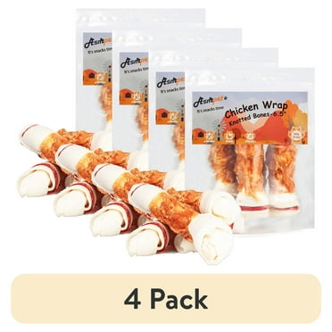(4 pack) ASMPET 6.5" Rawhide Dog Bone, Long Lasting Chicken Wrapped Dog Treats (4/Pack), Beefhide Bone for Large Dogs, 11oz