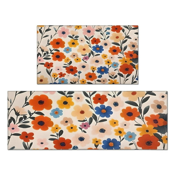 Pioneer Flower Floral Print Pattern Kitchen Rugs Sets Of 2,Anti Fatigue Kitchen Mat Rugs Non Slip Washable,Decorative Kitchen Floor Mats for Kitchen,Sink,Laundry,17"x30" 17"x47"