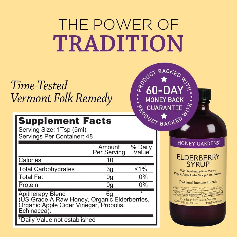 Honey Gardens Elderberry Syrup with Apitherapy Raw Honey, Traditional Immune Formula 8 oz
