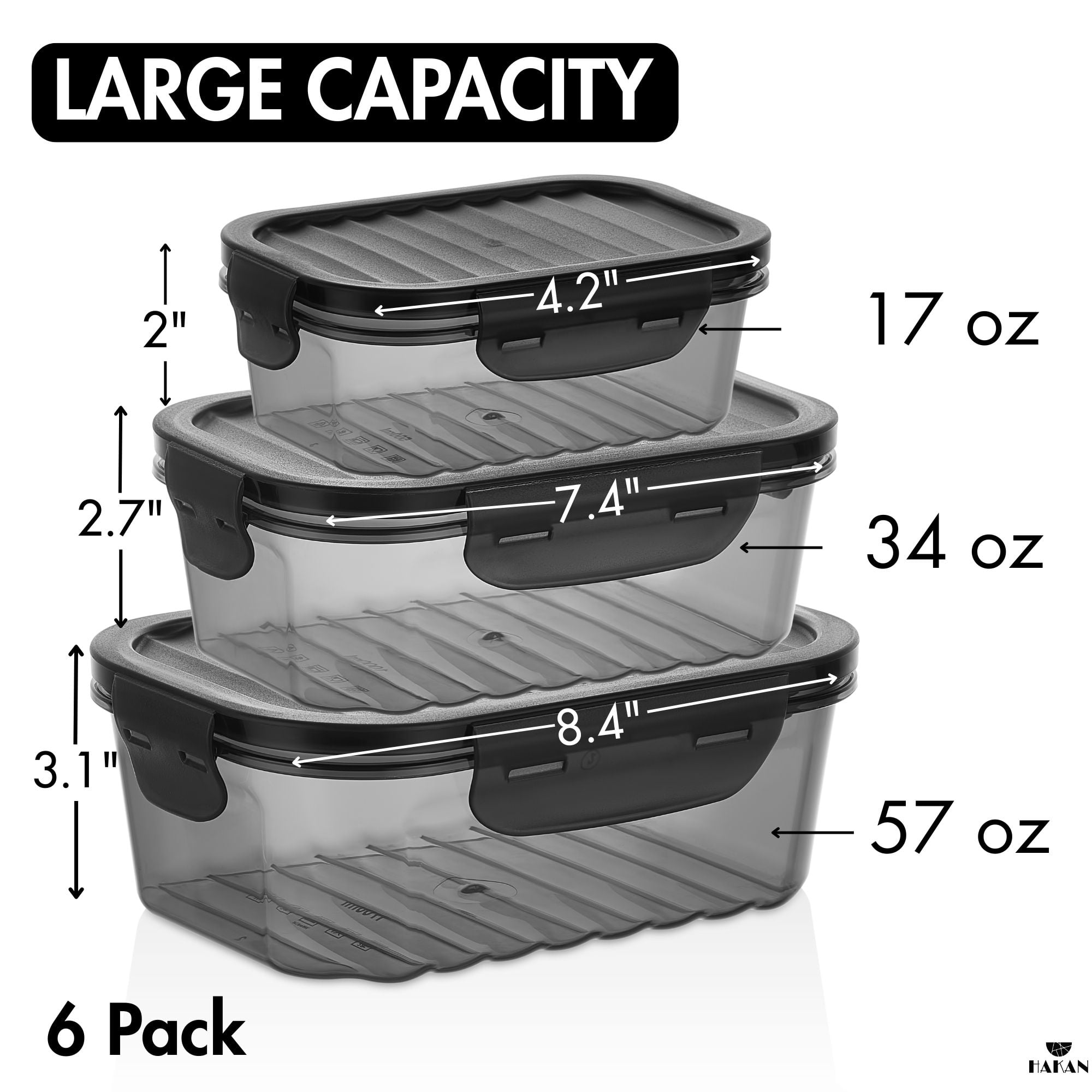 6-Pack Food Storage Containers, Airtight Locking Lids, Stackable Leakproof Prep Boxes, Clear Black