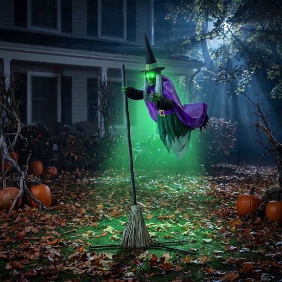 11.5 Ft Animated Hovering Witch Halloween Props Yard Displays, Large Standing Witch On Broomstick with Light Up Green Eyes, Freestanding Witch Animatronic for Halloween Decorations Outdoor & Indoor