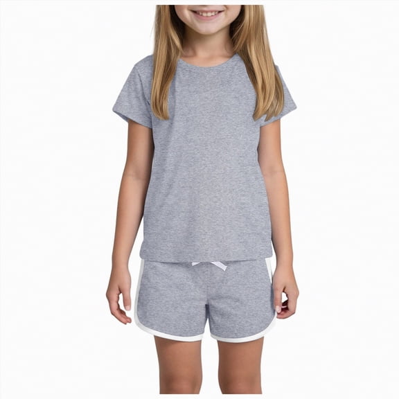 TOWED22 Kid Toddler Girl Clothes Summer Short Sleeve Figure Graphic Tee Shirt Shorts Summer Outfits Set Grey,5-6 Y