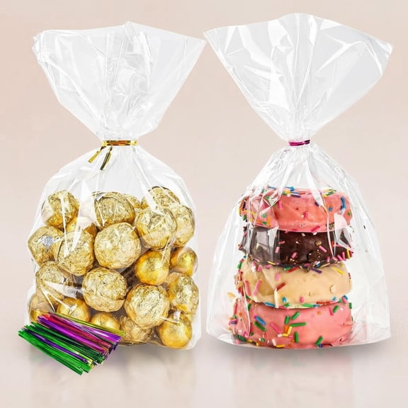 Cellophane Bags Clear Flat Bottom Gusseted with Twist Ties for Candy Popcorn Cookie Gift Wrapping