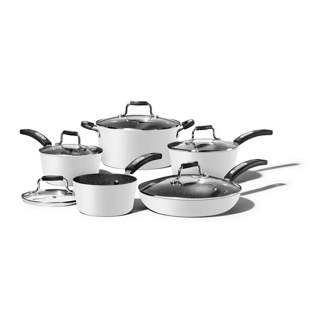 Starfrit The Rock Classic 10-Piece Cookware Set, Non-Stick, Oven Safe, Dishwasher Safe, Thick Forged Aluminum, Durable, Easy Clean, White