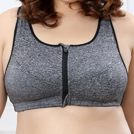 

Plus Size Sports Bra Zip Front Sports Bra Breathable Fabric FREE Eyeglass Pouch by Kaneesha (2XL-Grey)