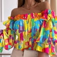 thumbnail image 3 of Leutsin Ladies Summer One-Shoulder Three-Quarter Sleeve Print Chiffon Top, 3 of 3