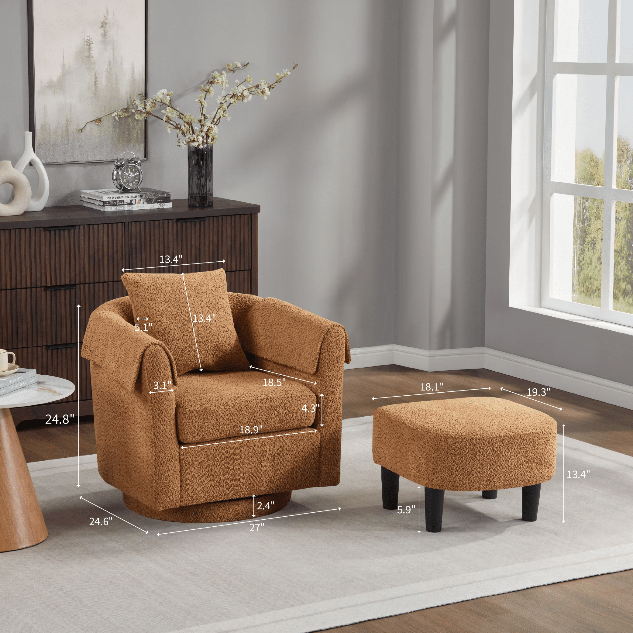 Aukfa Swivel Barrel Accent Chair with Ottoman, Upholstered Armchair Lounge Chair with Pillow & Armrest Covers,Yellow