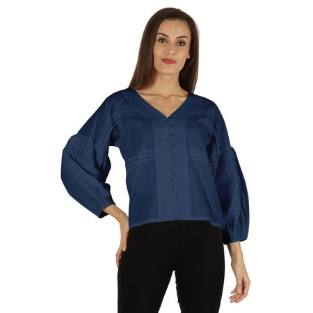 

Bimba Balloon Sleeve Top Button-Down Shirt Summer Loose Fit Pleated Blouse For Women s