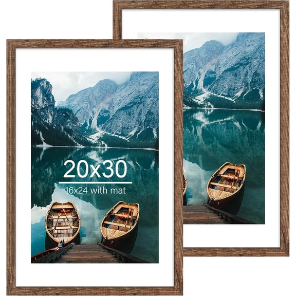 20x30 Inch Rustic Brown Wood Style Picture Frame Set of 2 with Plexiglass and Mat for 16x24 Photo or Without Mat for 20x30 Poster