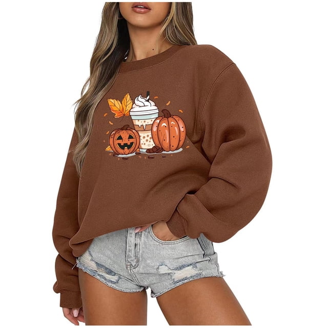 Virmaxy Femmes 2024 Halloween Col Rond Imprimé Manches Longues Haut Ample Chandail en Molleton Manches Longues Col Rond Haut/chemise Marron-4 S