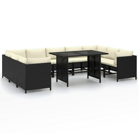 10pc Outdoor Sofa Set, White Cushions, 9 Modular Chairs, Table, Black